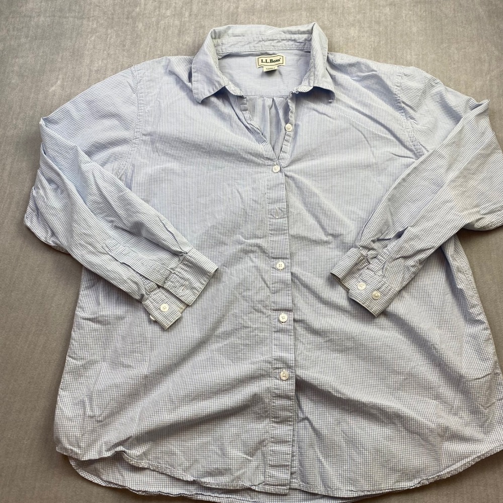 LL Bean Mens Gingham Button Down Shirt Light Blue White Cotton Long Sleeve XL